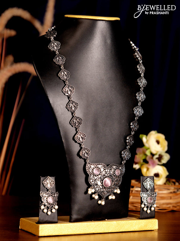 Oxidised haaram with baby pink stones and pearl hangings