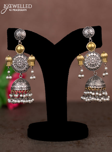 Oxidised jhumka with simple design and pearl hangings