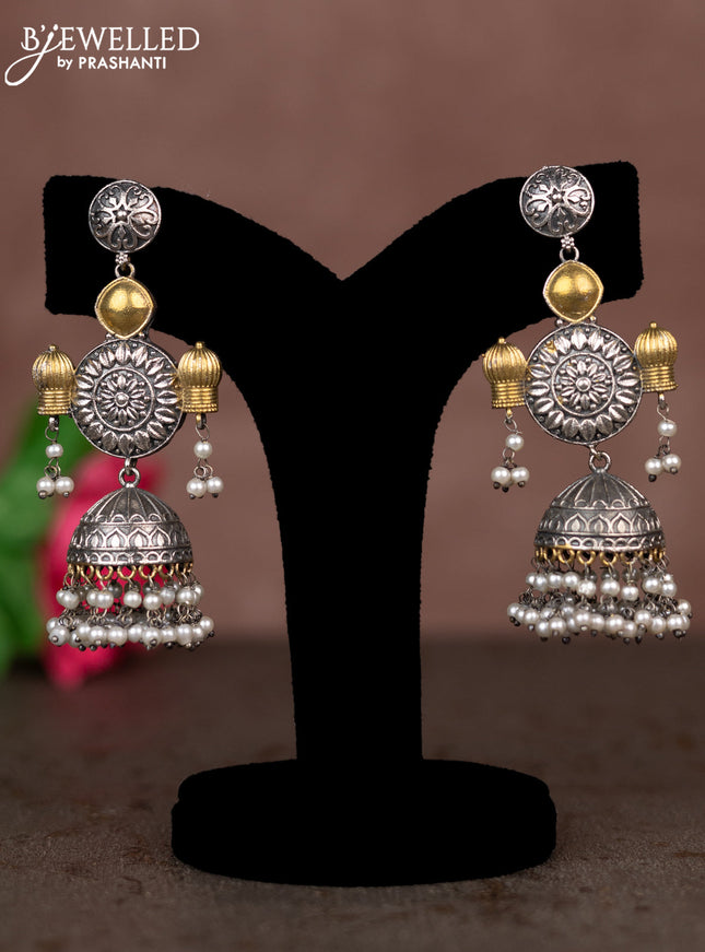 Oxidised jhumka with simple design and pearl hangings