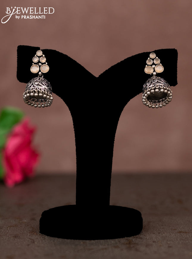 Oxidised jhumka with peach stones and silver beads hanging