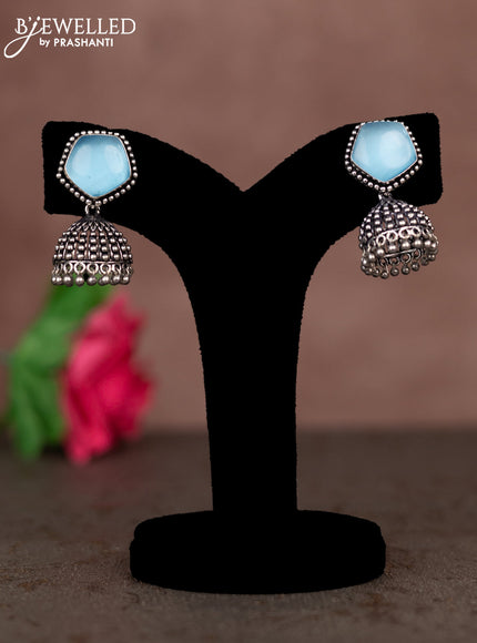 Oxidised jhumka with ice blue stones and silver beads hanging