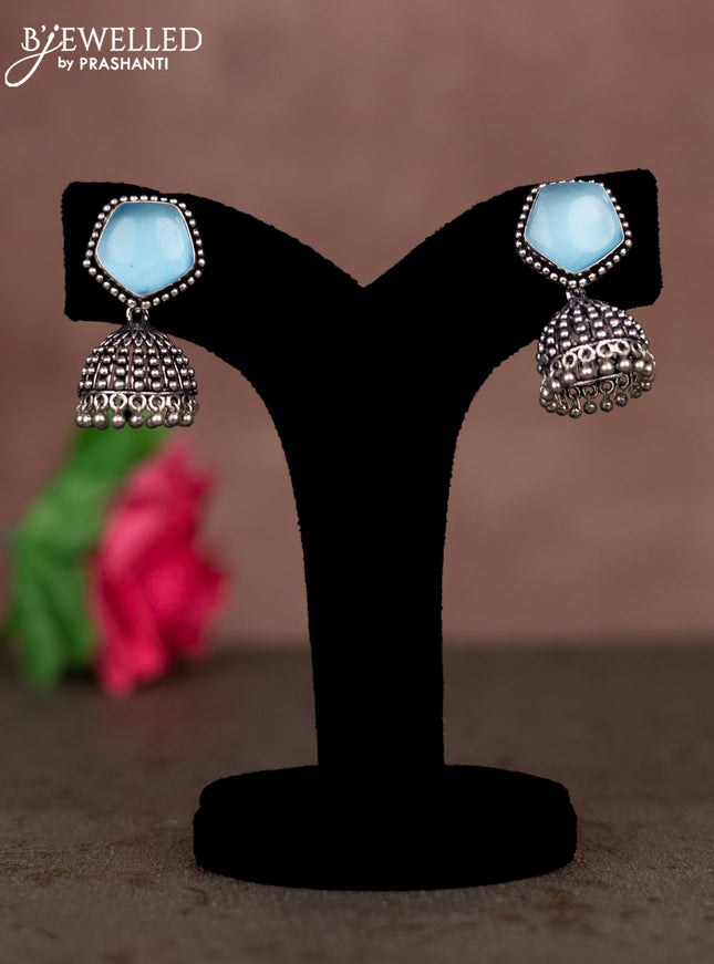 Oxidised jhumka with ice blue stones and silver beads hanging