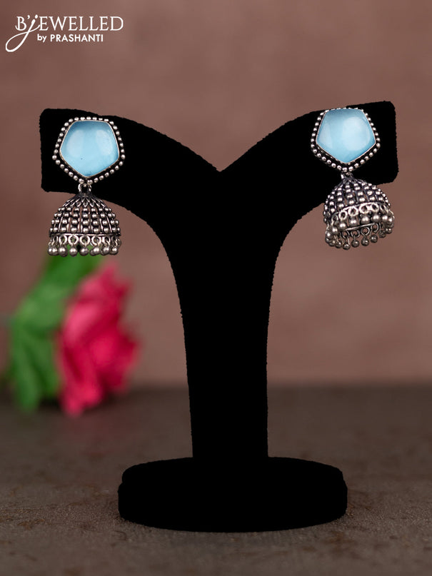 Oxidised jhumka with ice blue stones and silver beads hanging