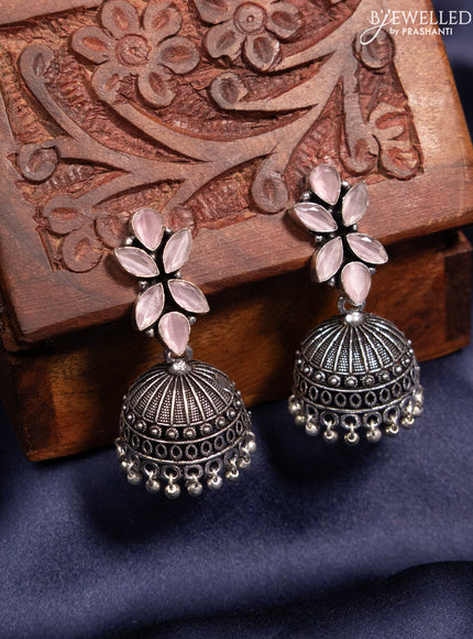 Oxidised jhumka with baby pink stones and silver beads hanging