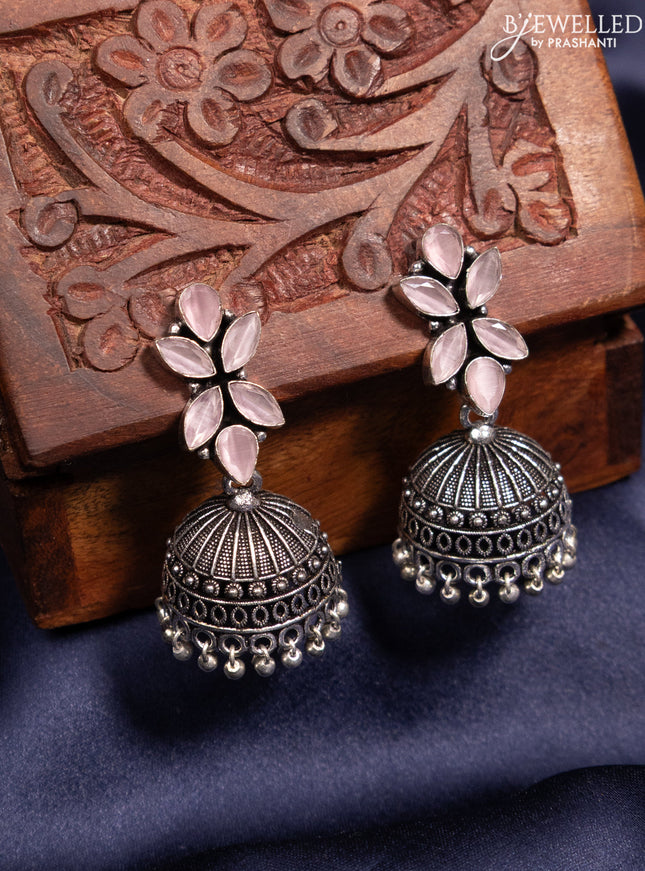 Oxidised jhumka with baby pink stones and silver beads hanging