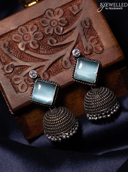 Oxidised jhumka with ice blue & white stones and silver beads hanging