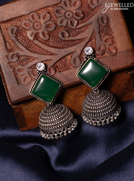 Oxidised jhumka with emerald & white stones and silver beads hanging