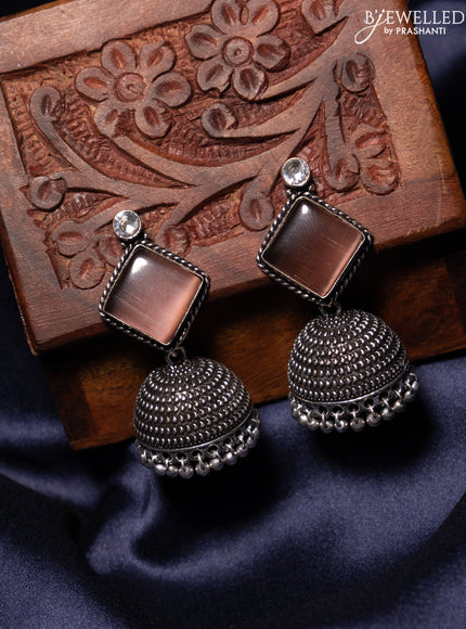 Oxidised jhumka with rosy brown & white stones and silver beads hanging