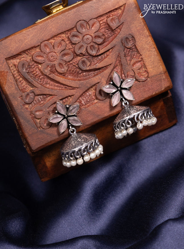 Oxidised jhumka with baby pink stones and pearl hangings
