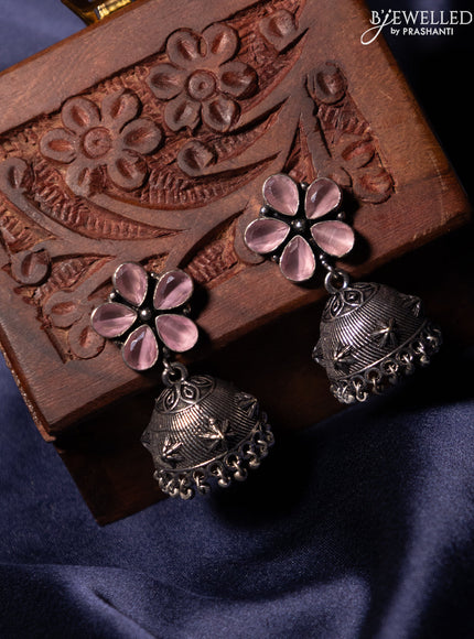 Oxidised jhumka with baby pink stones and silver beads hanging