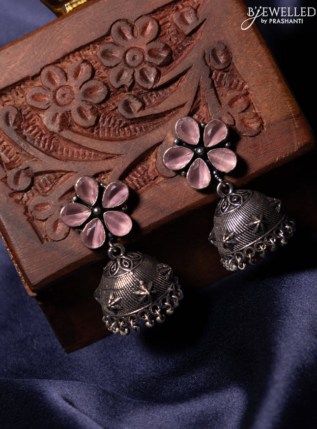 Oxidised jhumka with baby pink stones and silver beads hanging