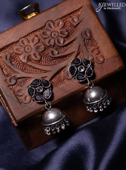 Oxidised jhumka with violet stones and silver beads hanging