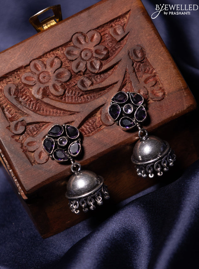 Oxidised jhumka with violet stones and silver beads hanging