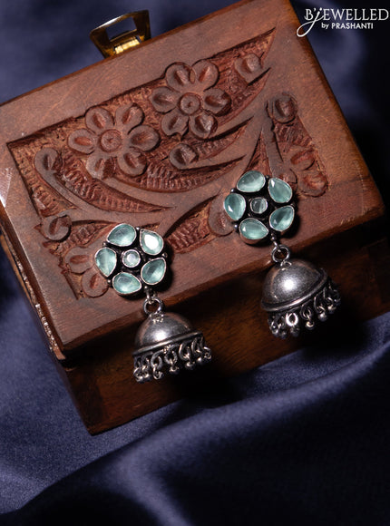Oxidised jhumka with mint green stones and silver beads hanging