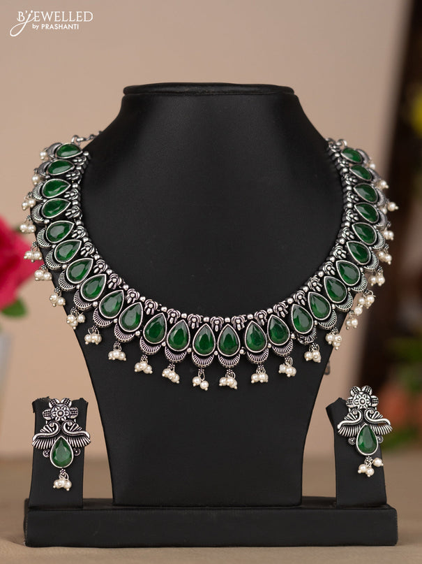 Oxidised necklace in green stones