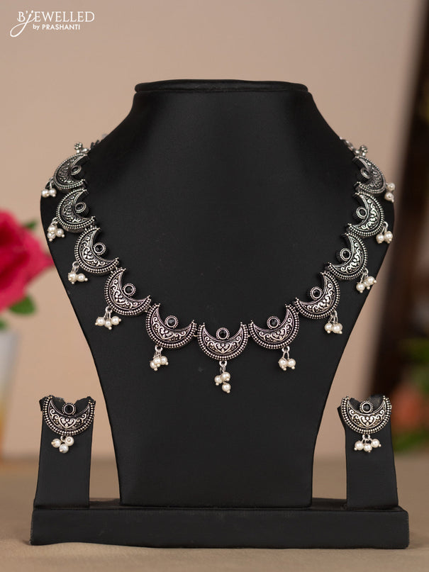 Oxidised necklace chandbali type in black color stones