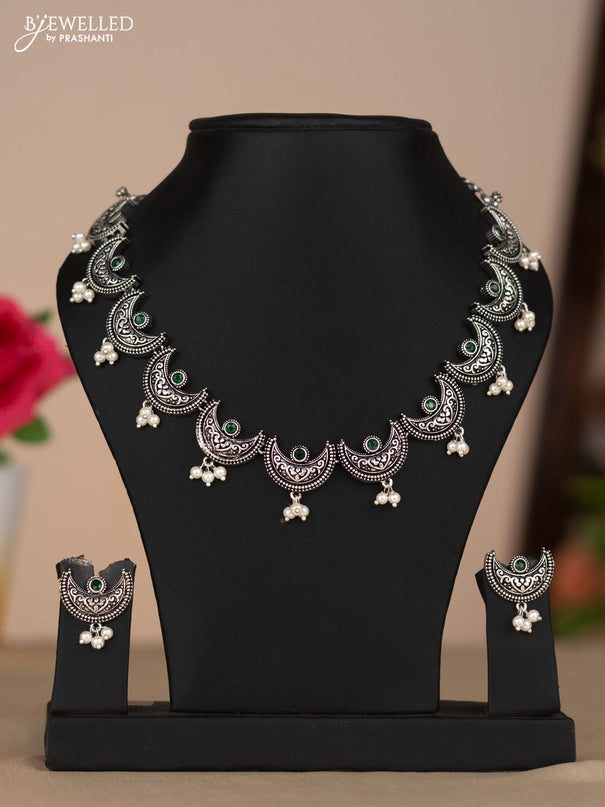 Oxidised necklace chandbali type in green color stones
