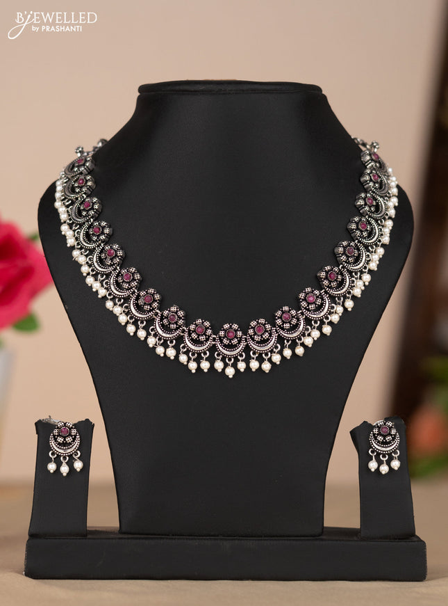 Oxidised necklace chandbali type in red color stones