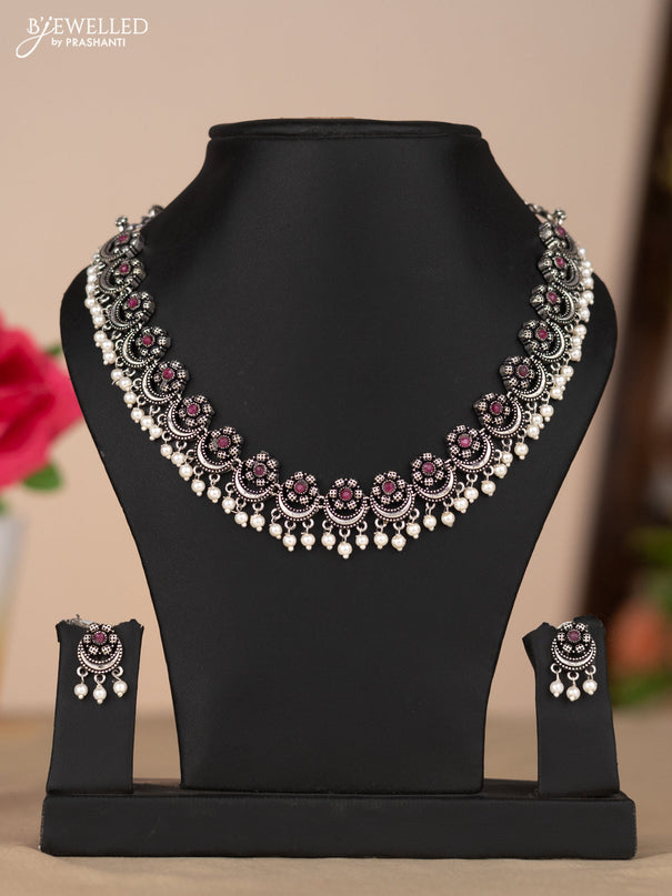 Oxidised necklace chandbali type in red color stones