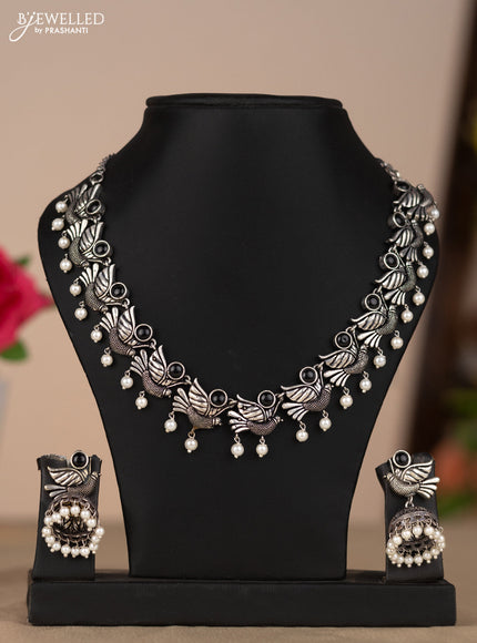 Oxidised necklace bird design in black color stones