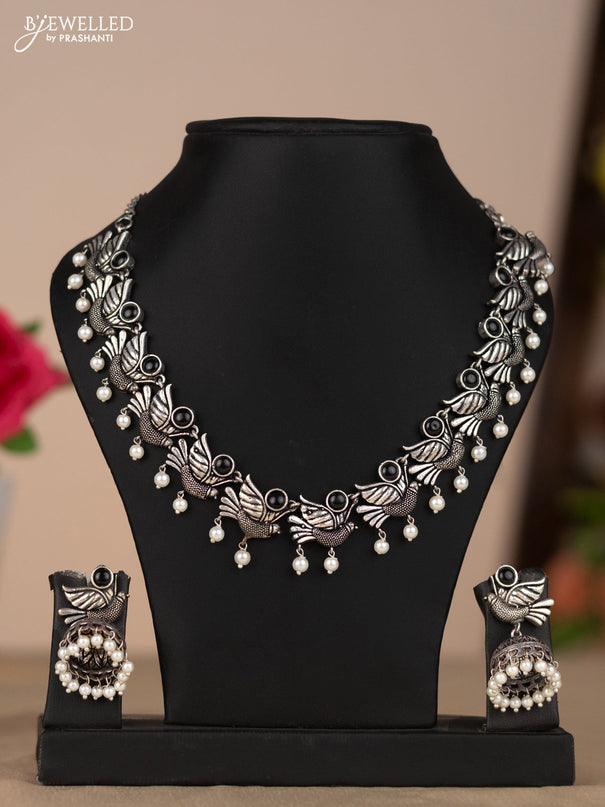Oxidised necklace bird design in black color stones