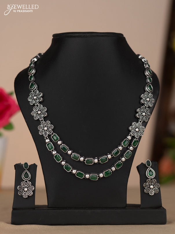 Oxidised necklace two layer in floral design with green color stones