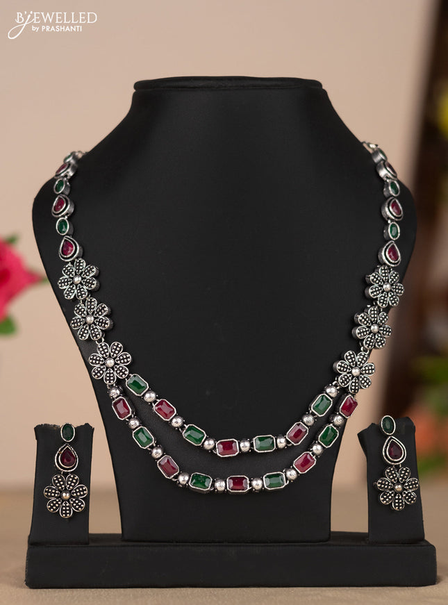Oxidised necklace two layer in floral design with multicolor color stones
