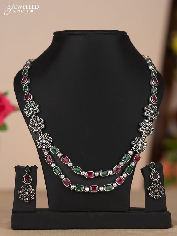 Oxidised necklace two layer in floral design with multicolor color stones