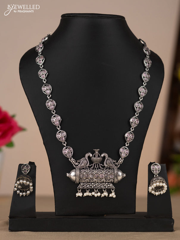 Oxidised necklace with peacock design and pastel pink stones