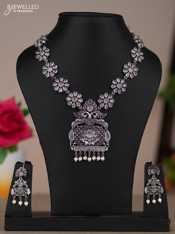 Oxidised necklace with floral design in pastel pink stones