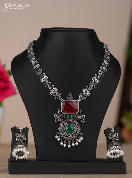 Oxidised necklace with peacock design in multicolor stones