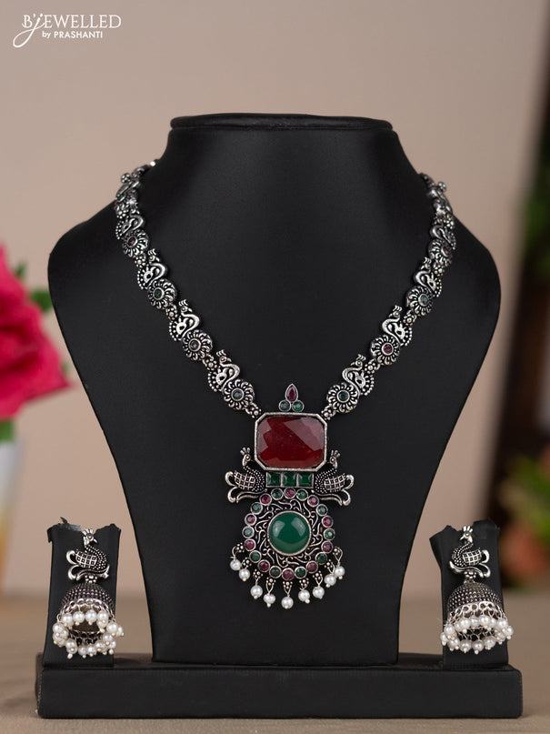 Oxidised necklace with peacock design in multicolor stones