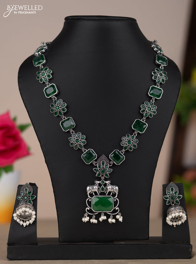 Oxidised two layer necklace with floral design in green stones