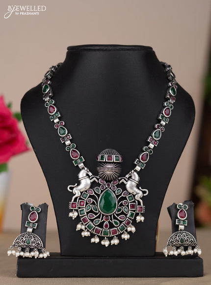 Oxidised necklace with horse design in multicolor stones