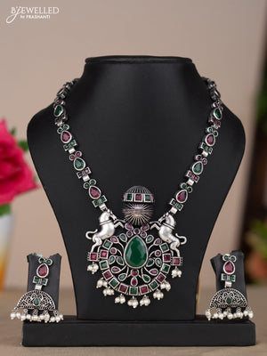 Oxidised necklace with horse design in multicolor stones