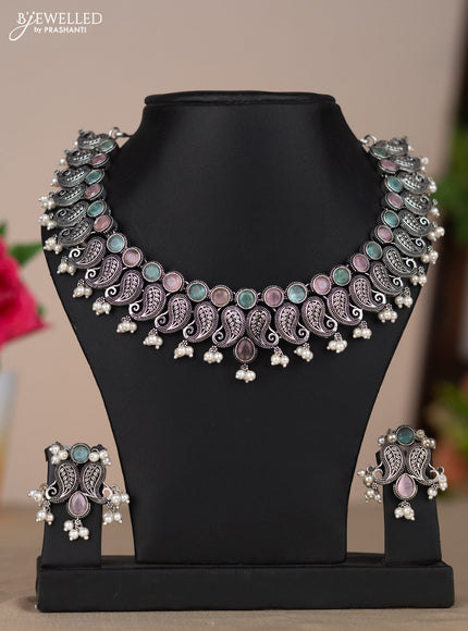 Oxidised necklace with mango design in multicolor pastel stones