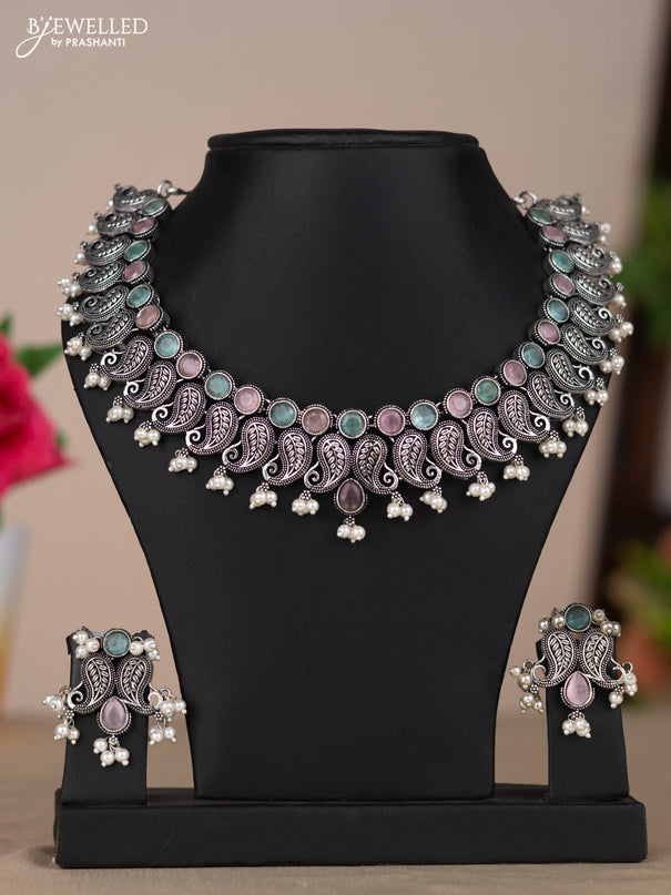 Oxidised necklace with mango design in multicolor pastel stones
