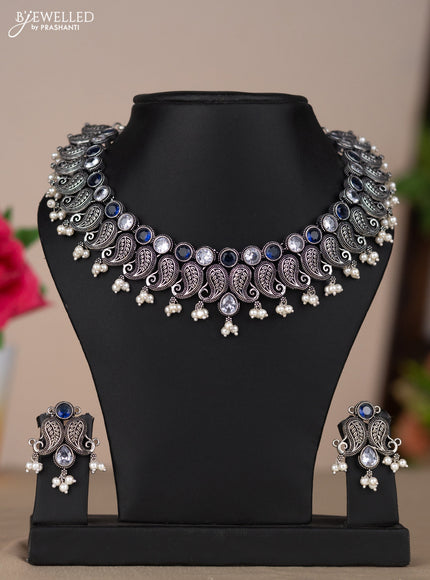 Oxidised necklace with mango design in blue & white stones