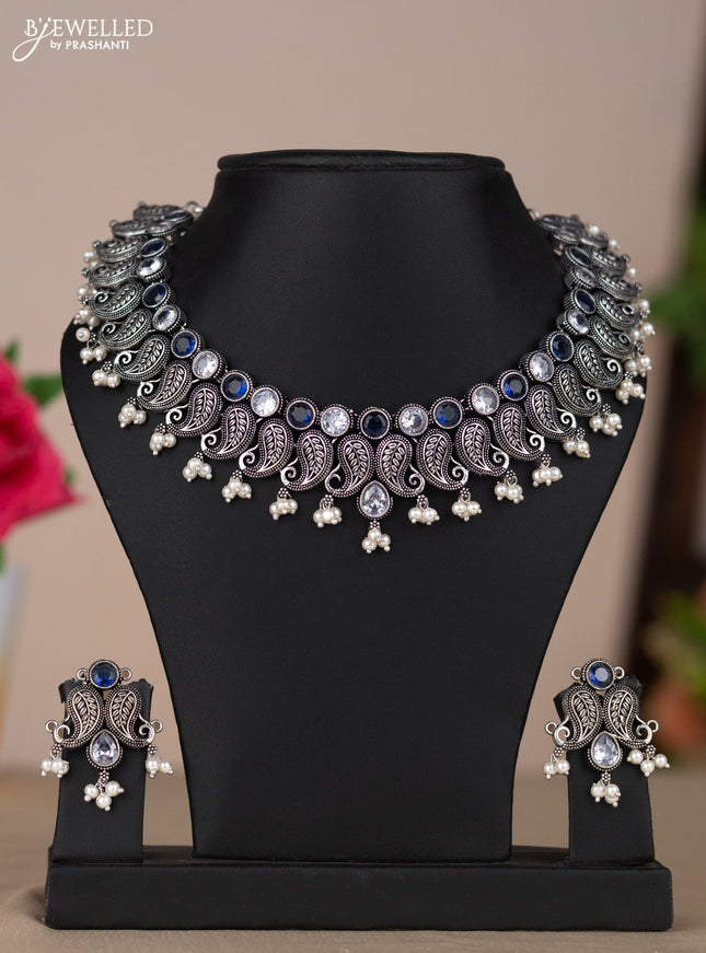 Oxidised necklace with mango design in blue & white stones