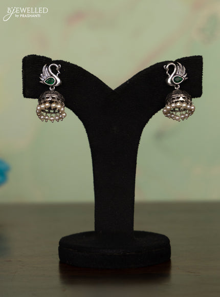 Oxidised necklace peacock design with emerald stones and pearl hangings