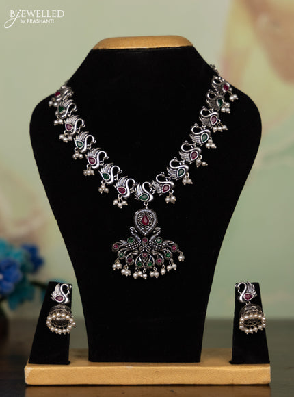 Oxidised necklace peacock design with kemp stones and pearl hangings