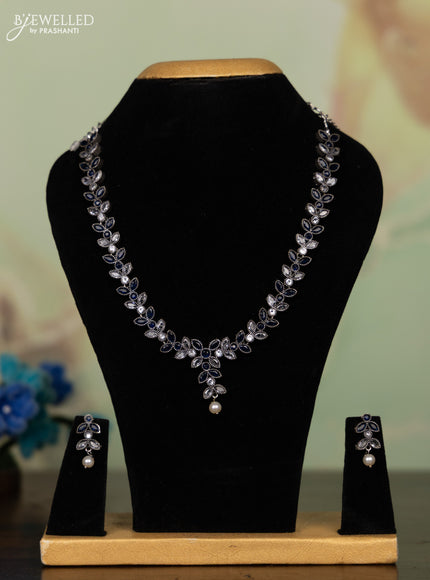 Oxidised necklace leaf design with sapphire & white stones and pearl hanging