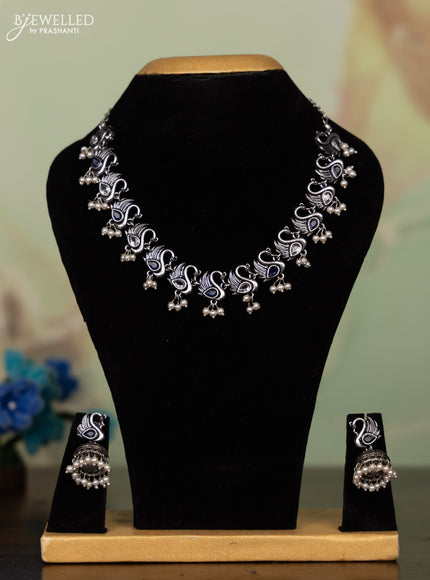 Oxidised necklace peacock design with sapphire & white stones and pearl hangings