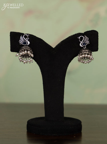Oxidised necklace peacock design with sapphire & white stones and pearl hangings