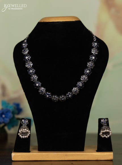 Oxidised necklace floral design with sapphire & white stones and pearl hangings