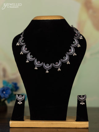Oxidised necklace moon design with kemp stones and pearl hangings