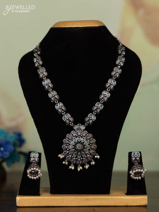 Oxidised necklace with mint green stones and pearl hangings