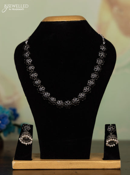 Oxidised necklace floral design with black stones