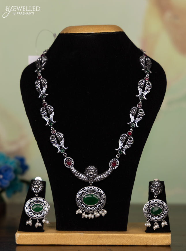 Oxidised necklace line face design with kemp stones and pearl hangings