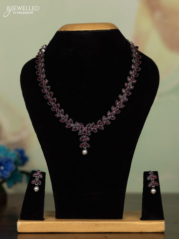 Oxidised necklace leaf design with ruby stones